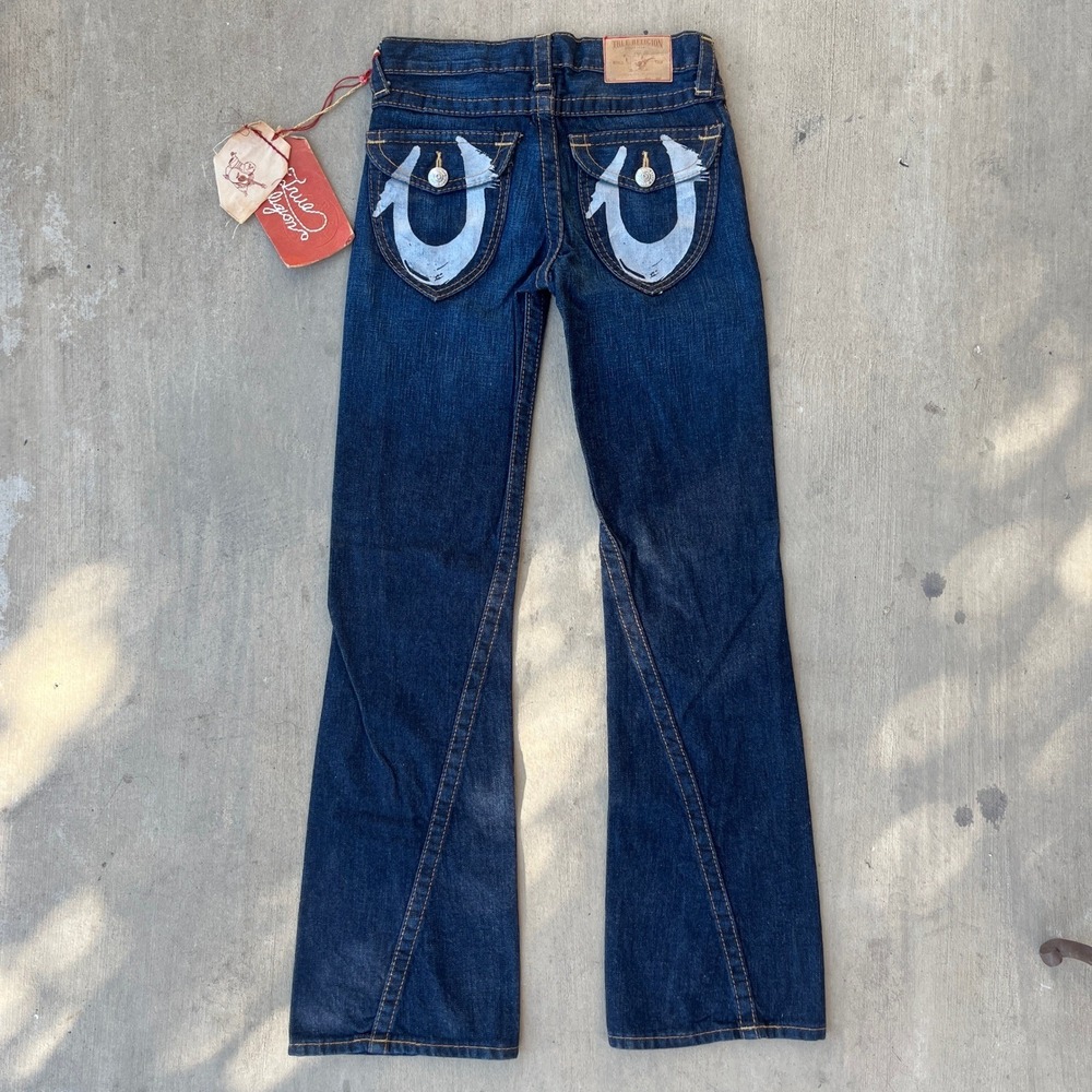 True Religion Women’s Boot Cut Jeans in Dark Blue with Light Blue Pocket Accents